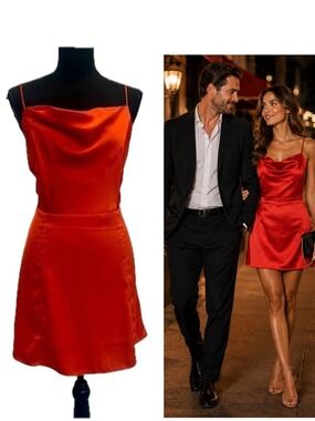 Femme dark orange satin effect draped Cowl neck spaghetti strap mini dress Sz M